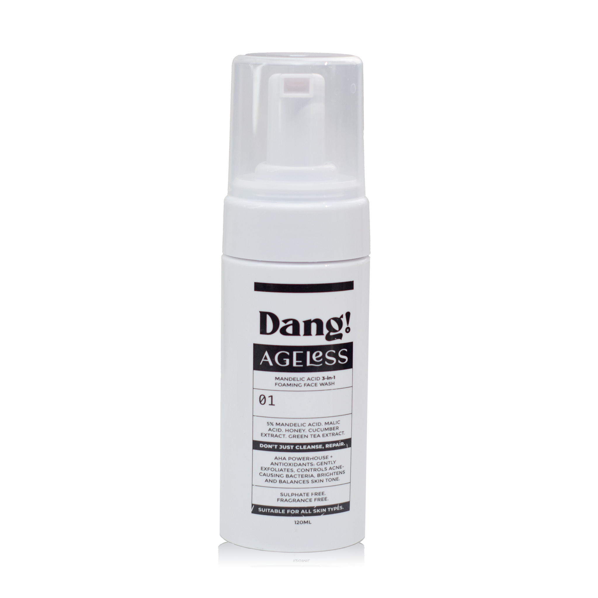 Dang! Ageless Mandelic acid 3-in-1 Foaming Facewash 120ml white pump bottle