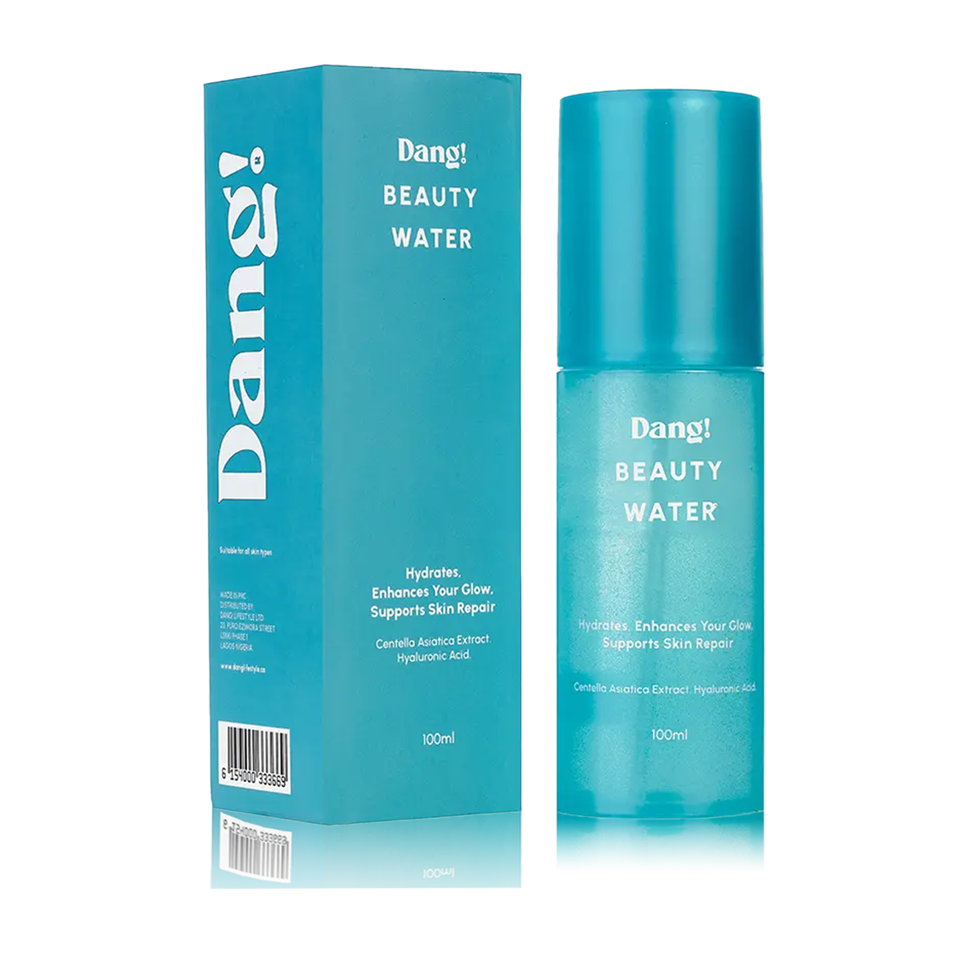 Dang! Beauty Water 100ml back of sky blue bottle container at Bracketts Beauty