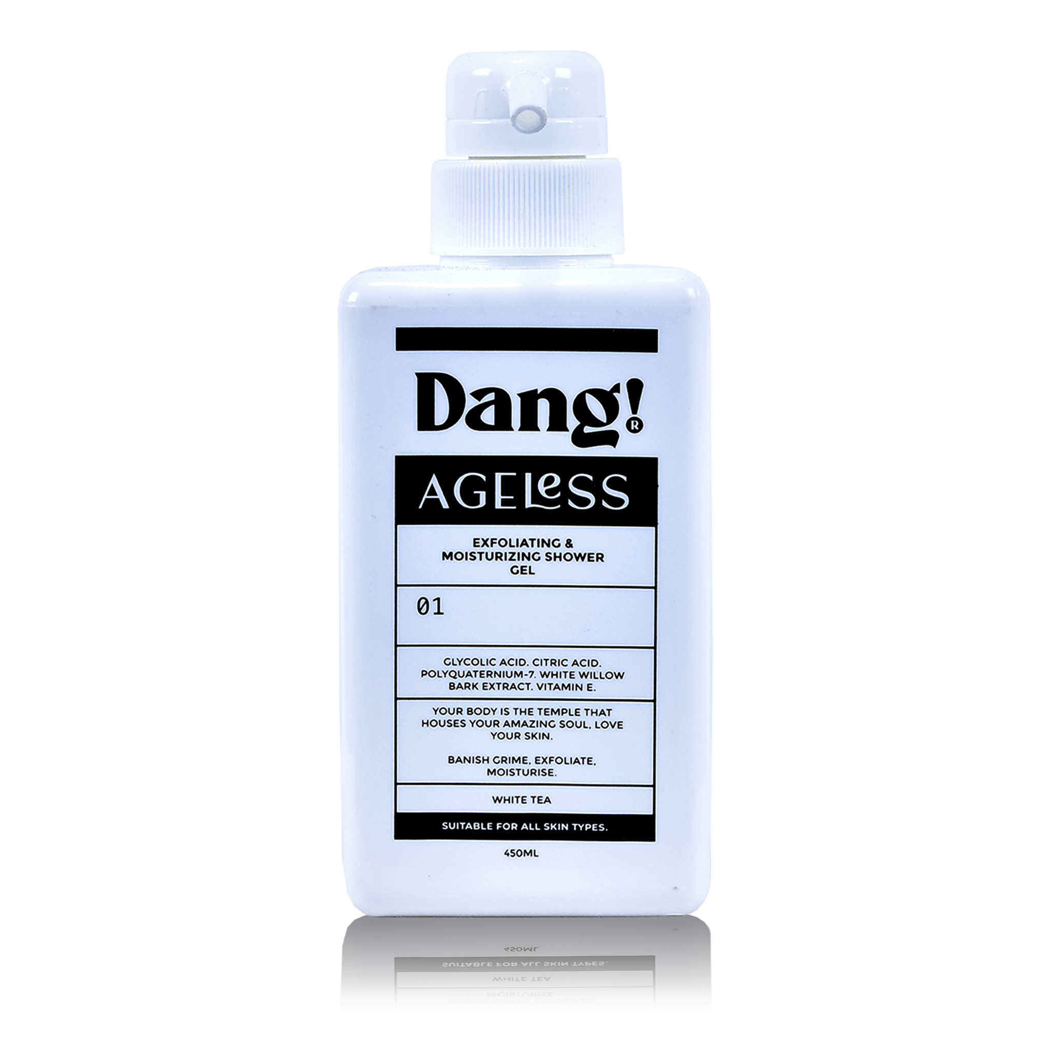 Dang! Ageless Exfoliating and Moisturizing Shower Gel 450ml cuboid white plastic bottle with pump at Bracketts Beauty