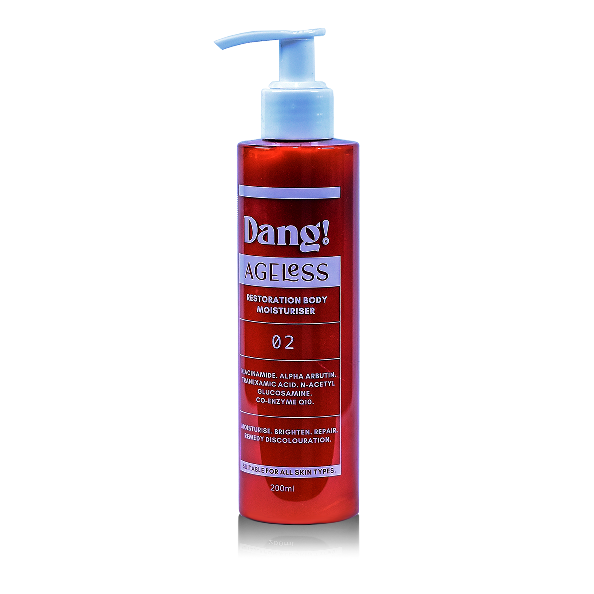 Dang! Ageless Restoration Body Moisturiser 200ml amber bottle with white pump at Bracketts Beauty