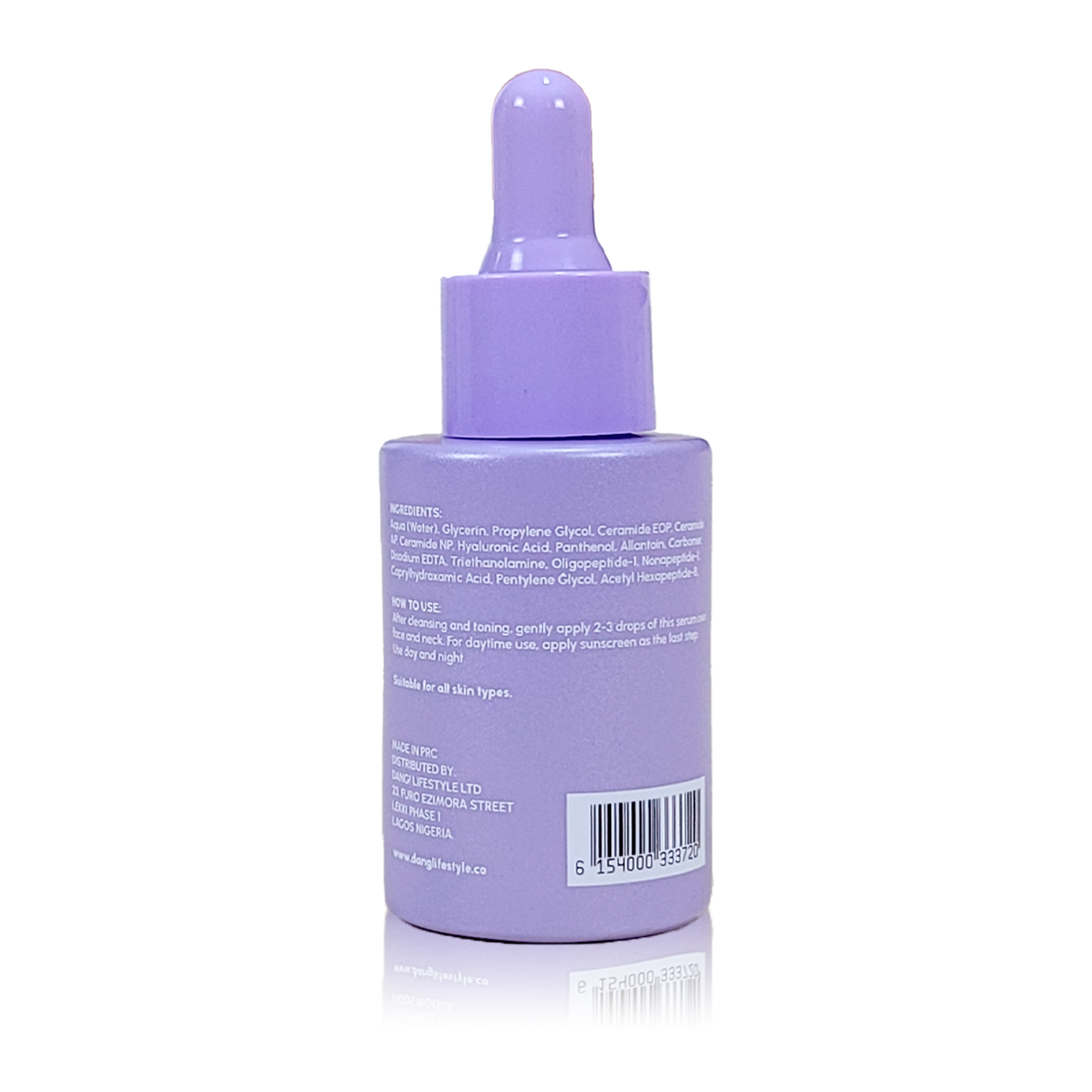 Dang! Collagen and Hydrating Serum with Ceramides 30ml back of lilac bottle with dropper