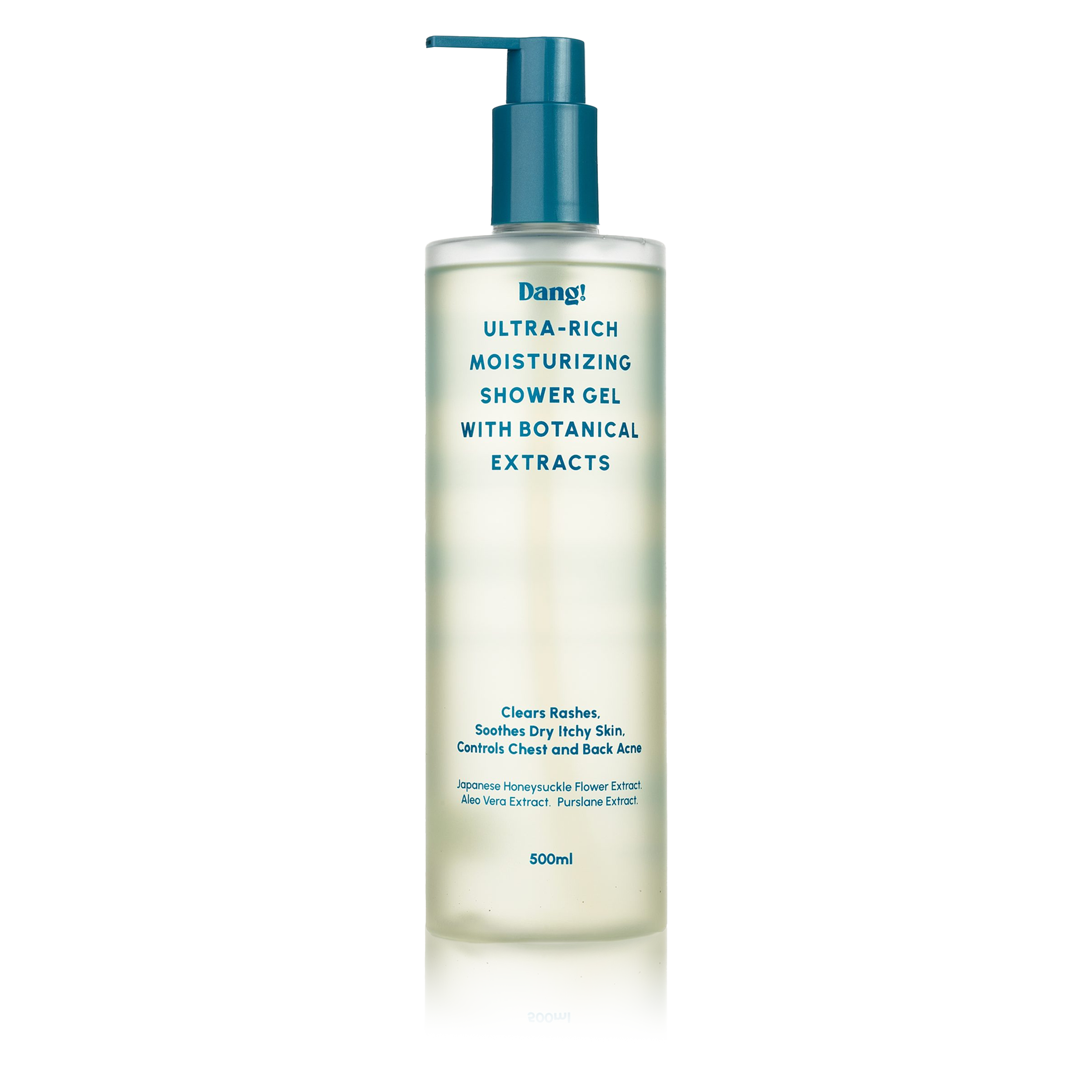 Dang! Ultra-Rich Moisturizing Shower Gel with Botanical Extracts 500ml frosted bottle with azure blue pump at Bracketts Beauty