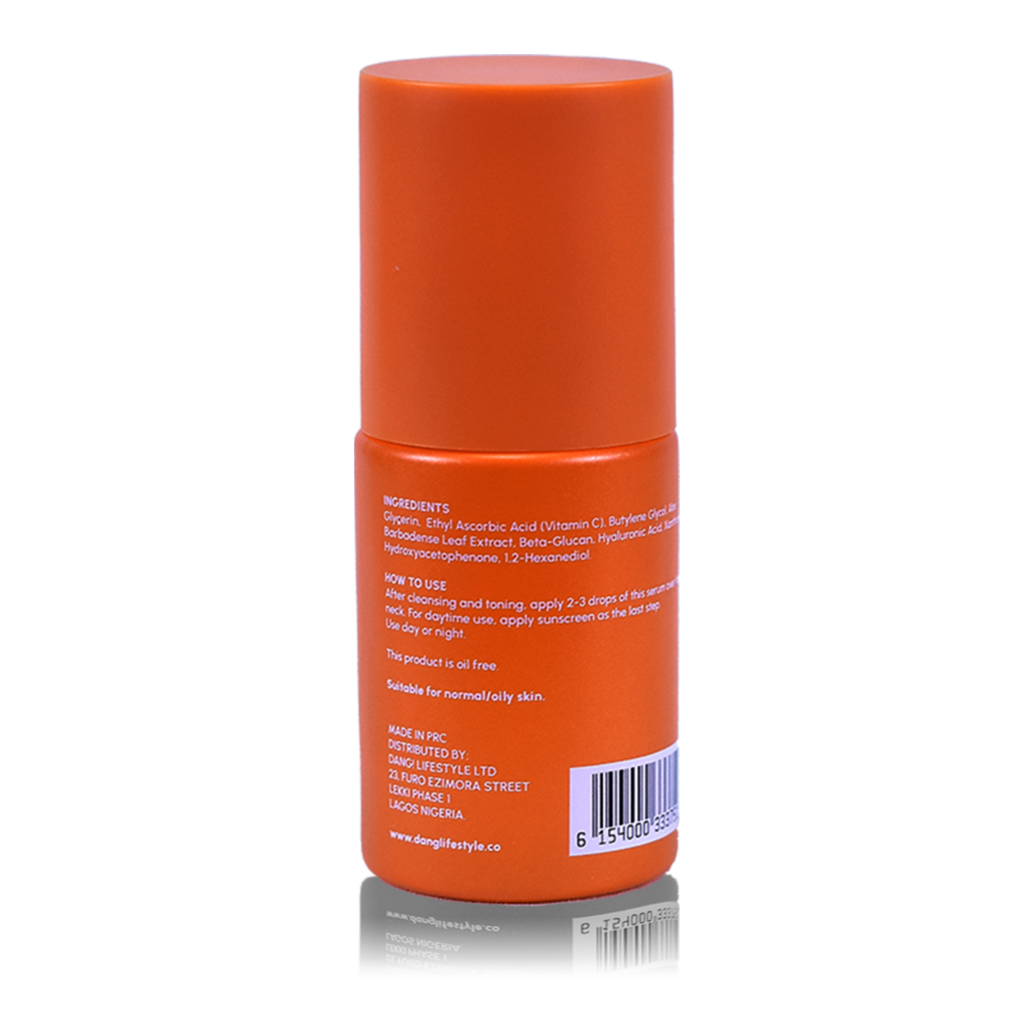 Dang! Vitamin C Concentrated Serum 30ml back of orange bottle at Bracketts Beauty 