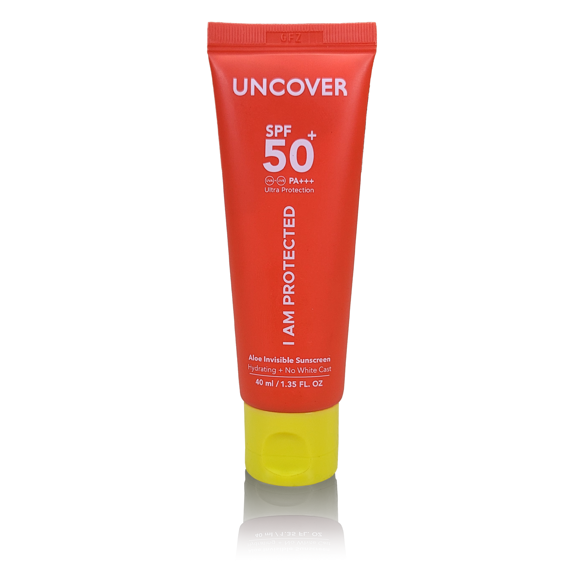 Uncover Aloe Invisible Sunscreen SPF 50+   40ml mini orange squeeze bottle with yellow cap at Bracketts Beauty