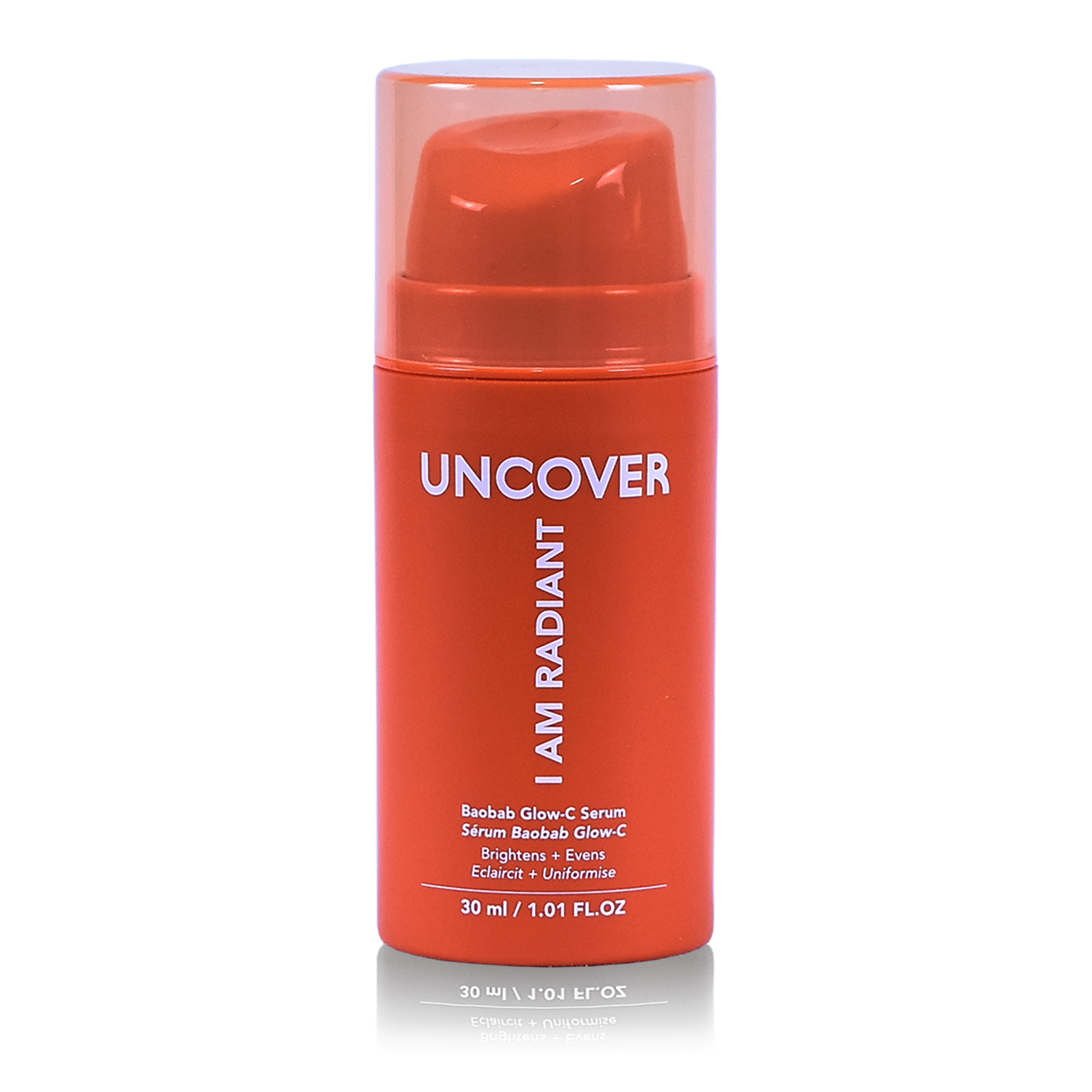 Uncover Baobab Glow-C Serum 30ml orange airless pump bottle at Bracketts Beauty