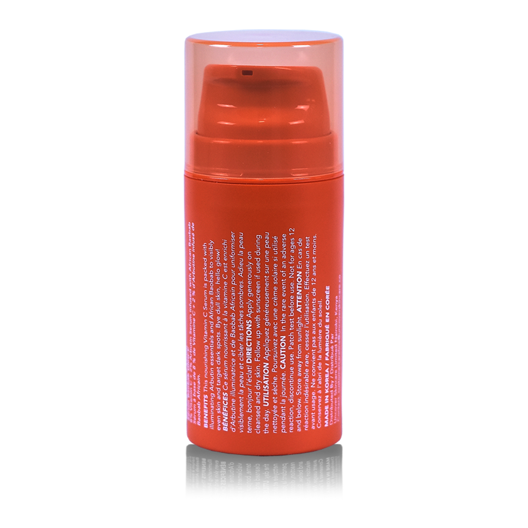 Uncover Baobab Glow-C Serum 30ml back of orange airless pump bottle at Bracketts Beauty