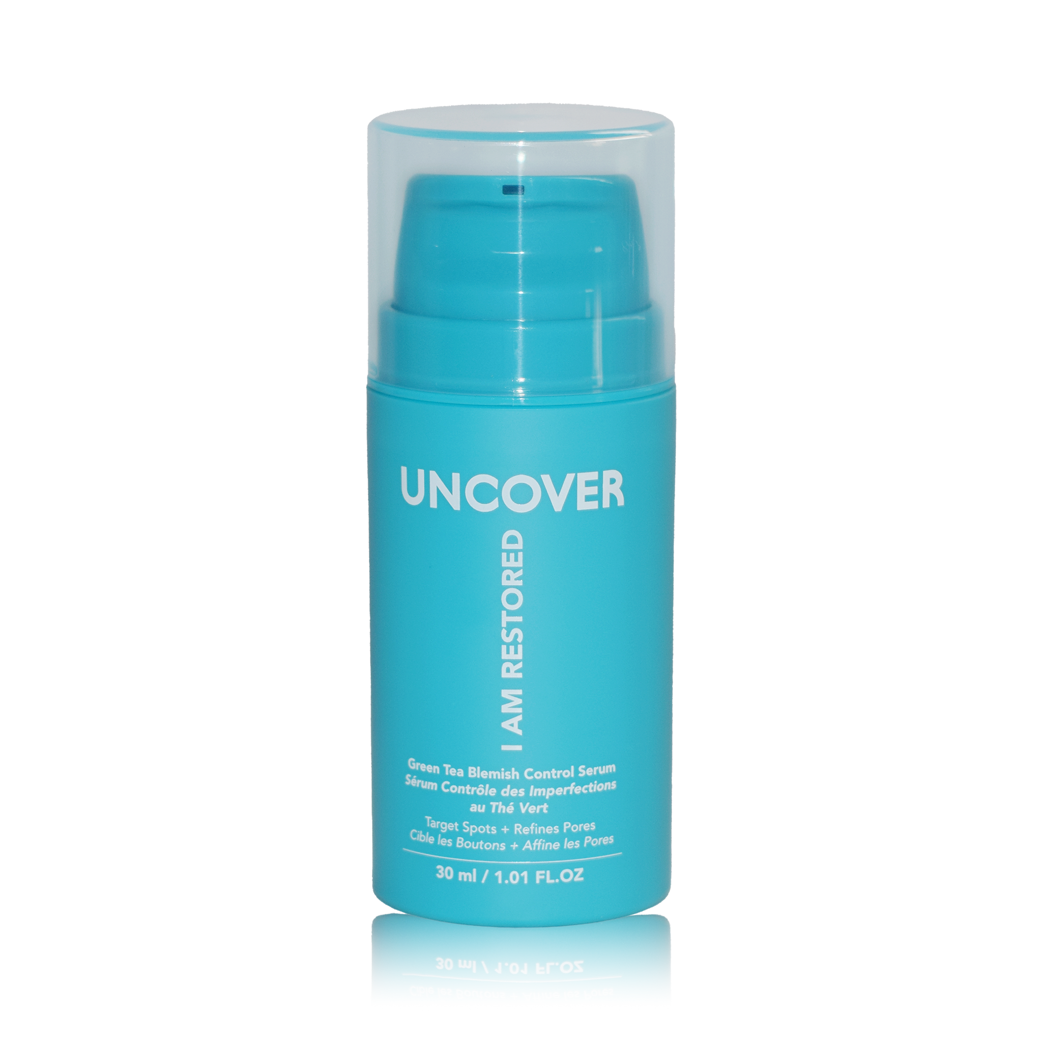Uncover Green Tea Blemish Control Serum 30ml in blue bottle with airless pump at Brackett Beauty