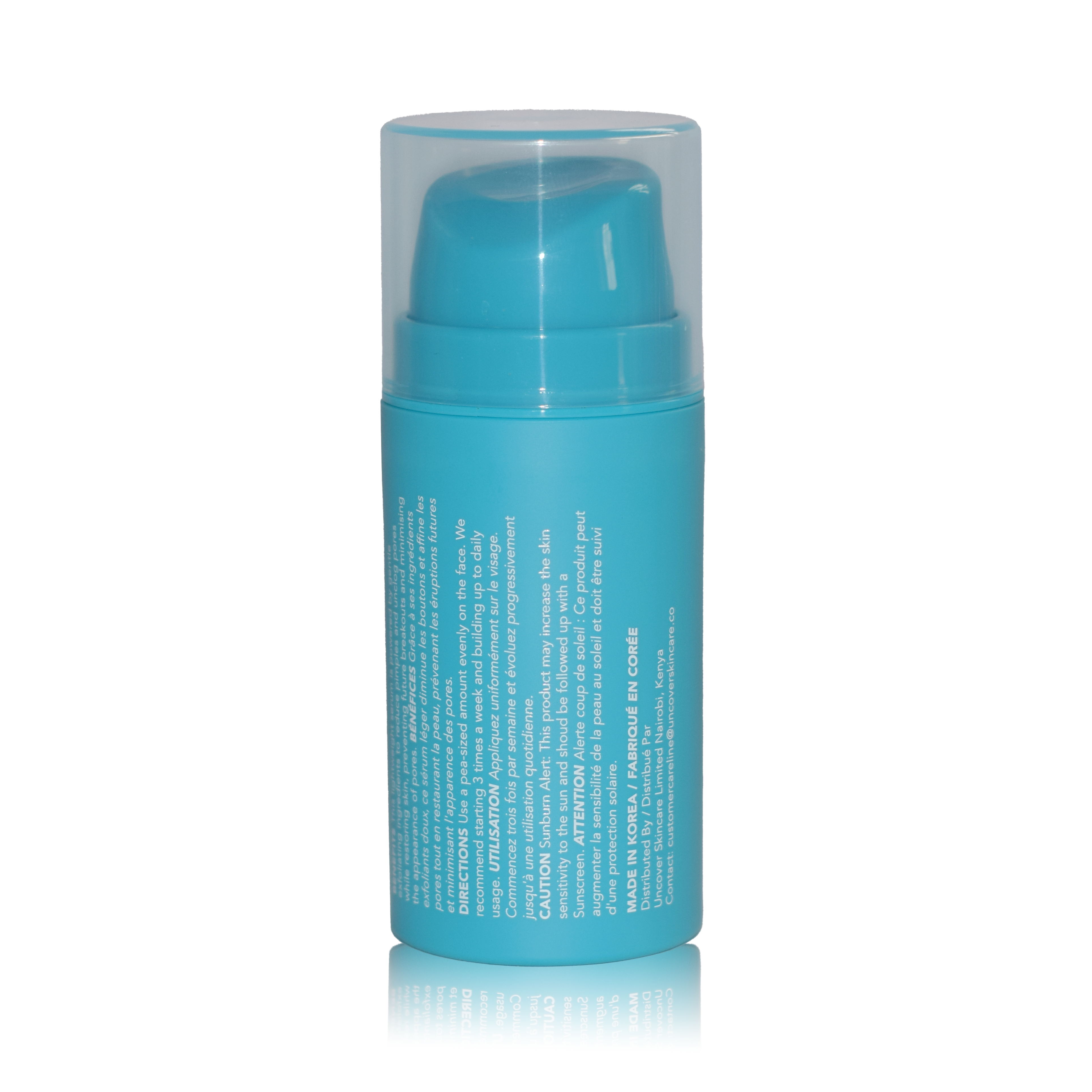 Uncover Green Tea Blemish Control Serum 30ml back of blue bottle with airless pump at Brackett Beauty