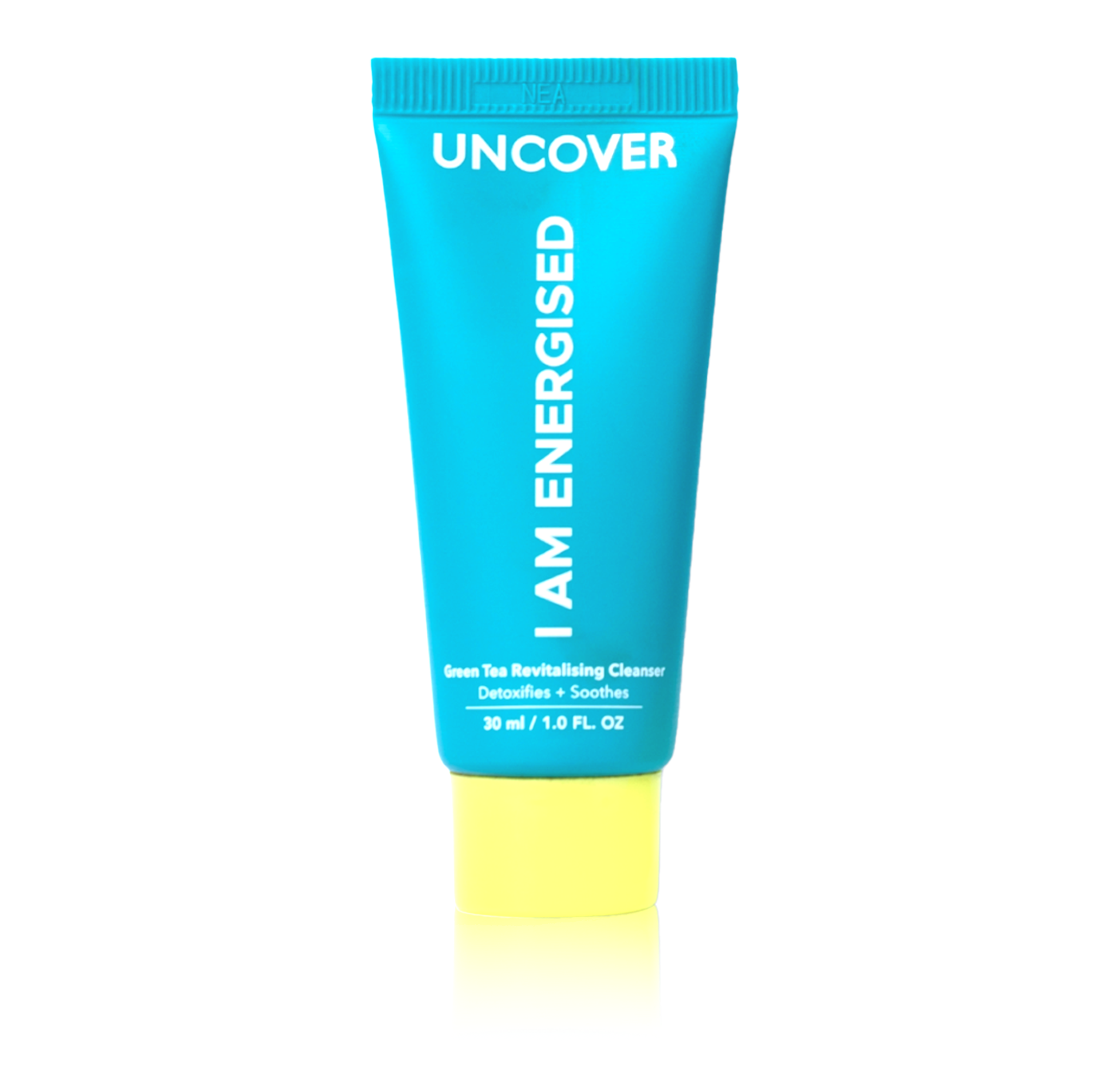 Uncover Green Tea Revitalizing Cleanser 30ml mini blue squeeze bottle with yellow cap at Bracketts Beauty