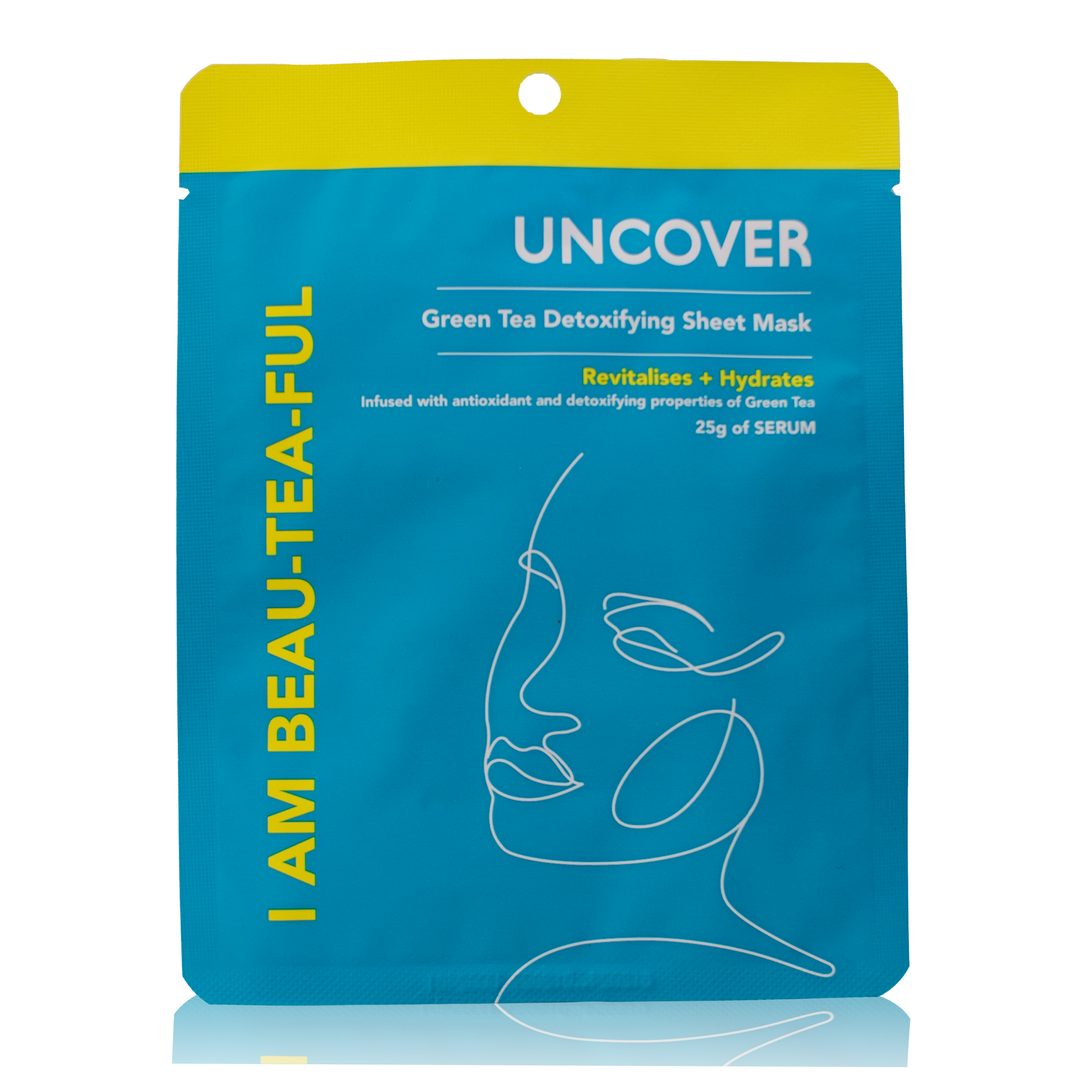Uncover I Am Beau-Tea-Ful Green Tea Detoxifying Sheet Mask blue sachet at Bracketts Beauty