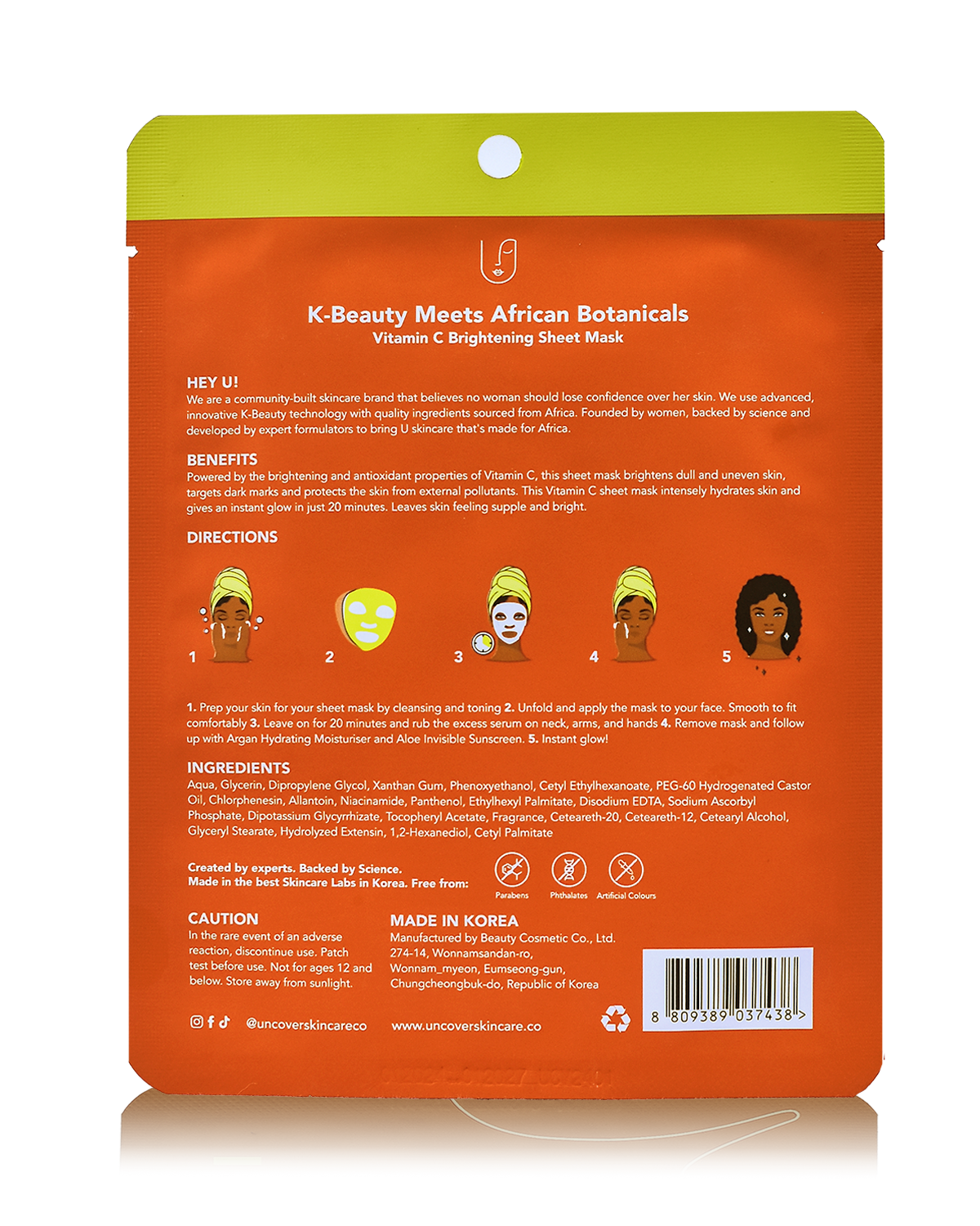 Uncover I Am Brilliant Vitamin C Brightening Sheet Mask orange sachet under side at Bracketts Beauty