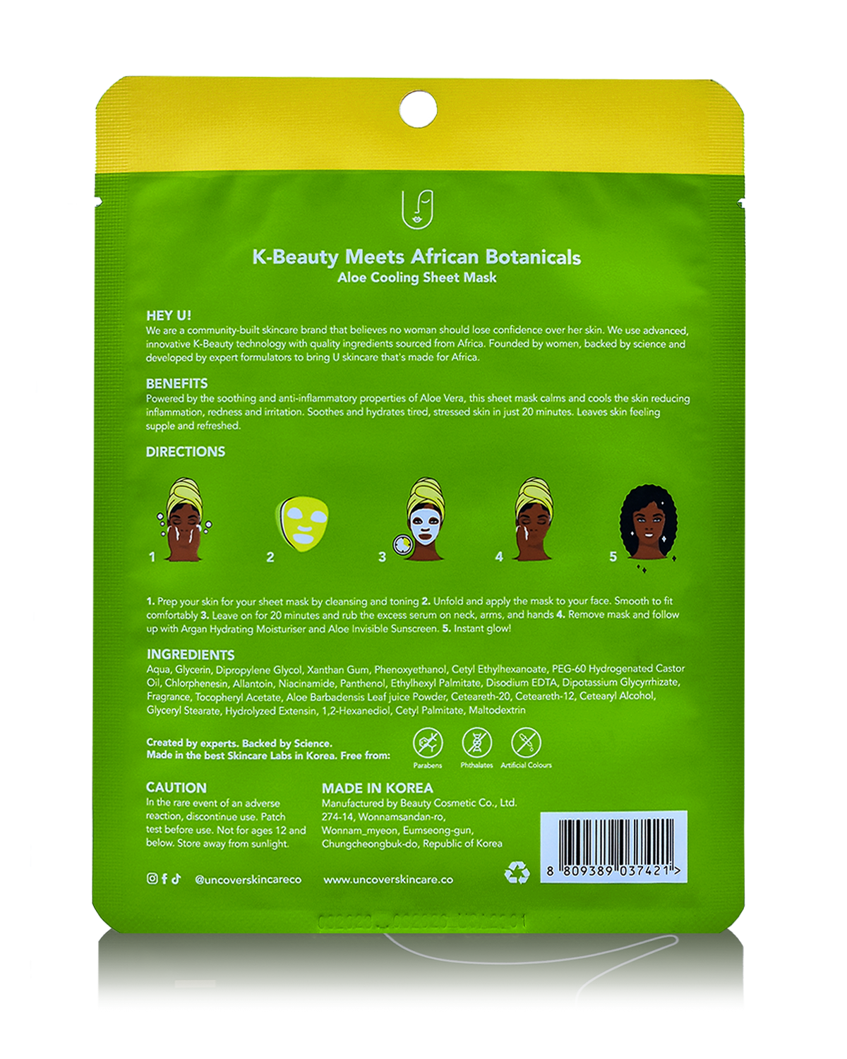 Uncover I Am Cool Aloe Cooling Sheet Mask under side lime green sachet at Bracketts Beauty
