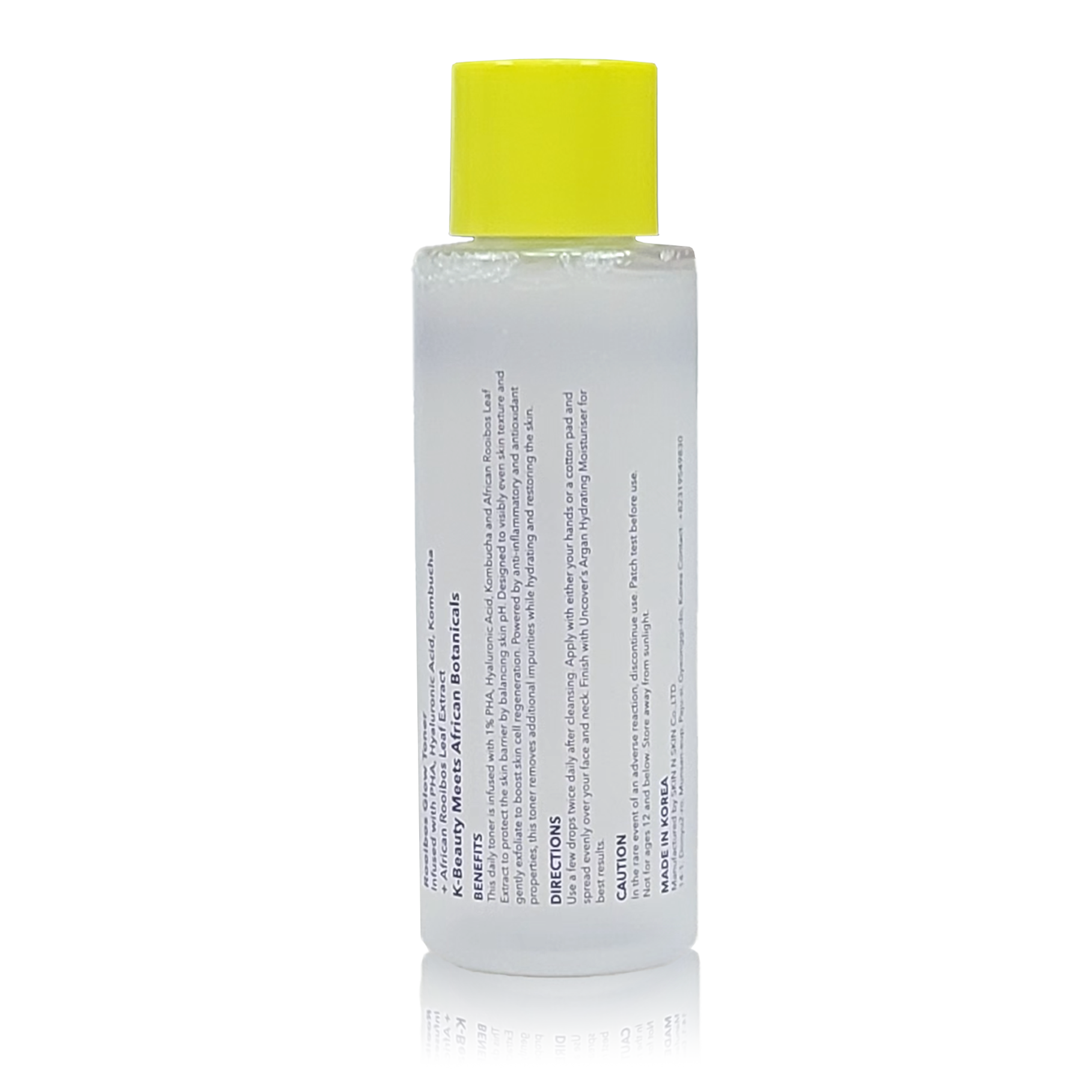 Uncover Rooibos Glow Toner 125ml back of frosted bottle with yellow cap at Bracketts Beauty